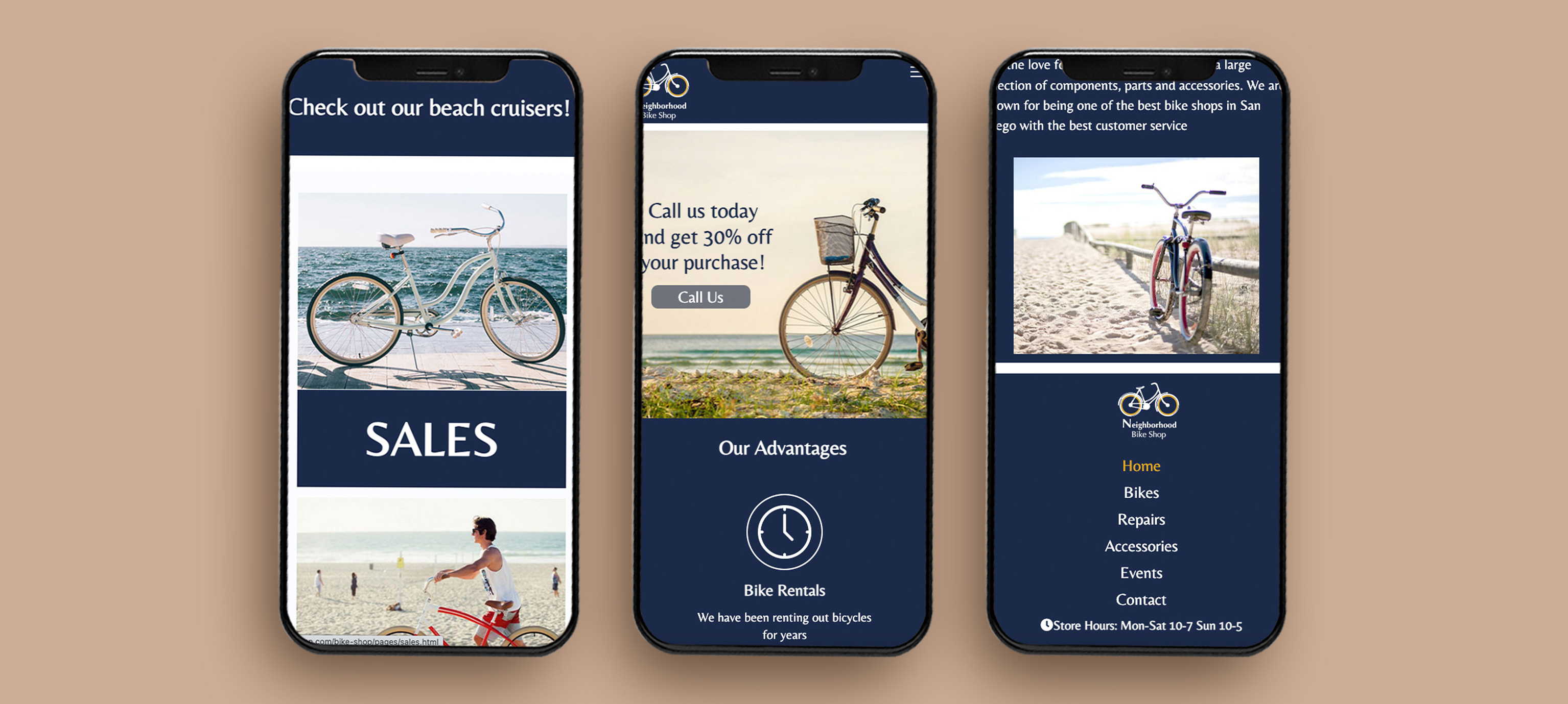 Three Bike shop responsive mobile versions of the website iphone mockups created by Leilani Jordan