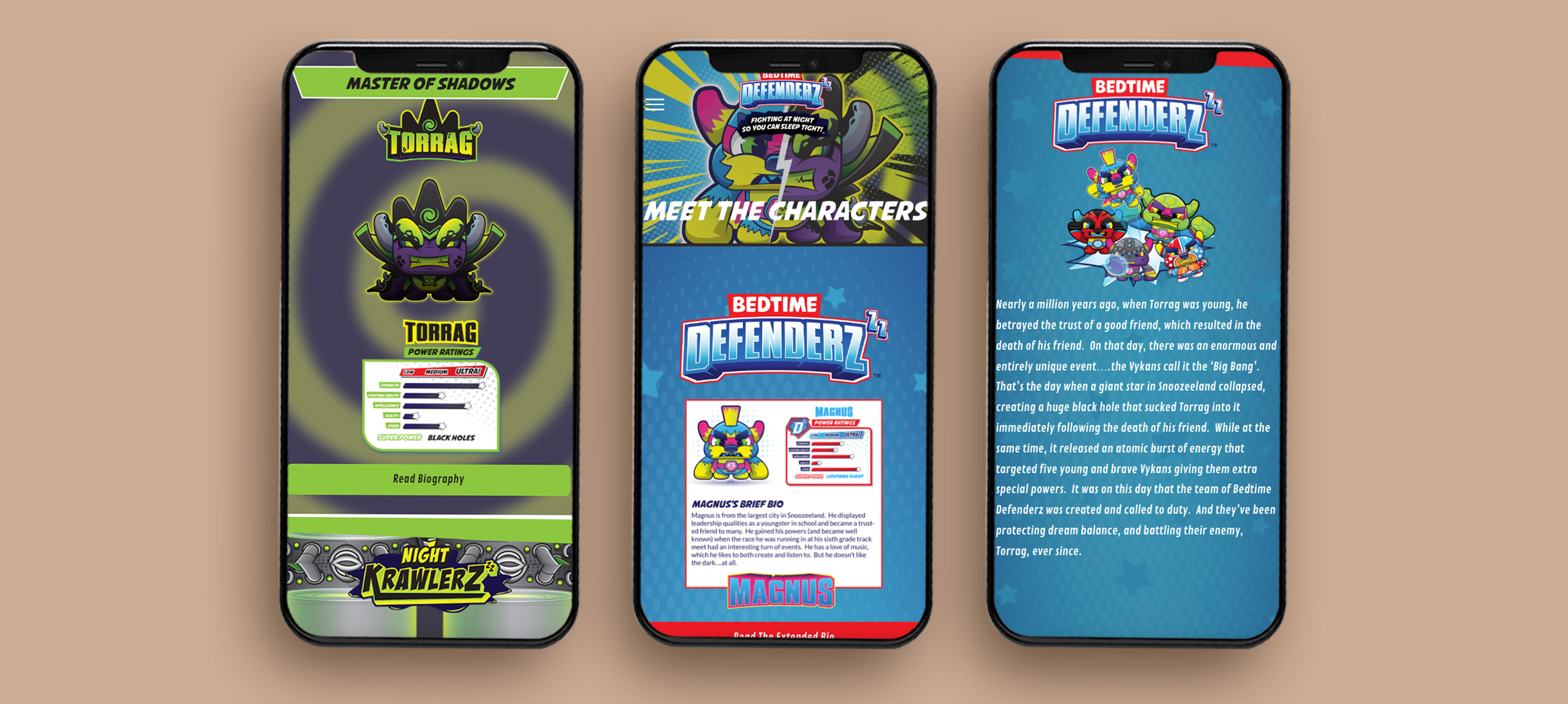 Three Bedtime Defenderz Entertainment responsive mobile versions of the website iphone mockups created by Leilani Jordan