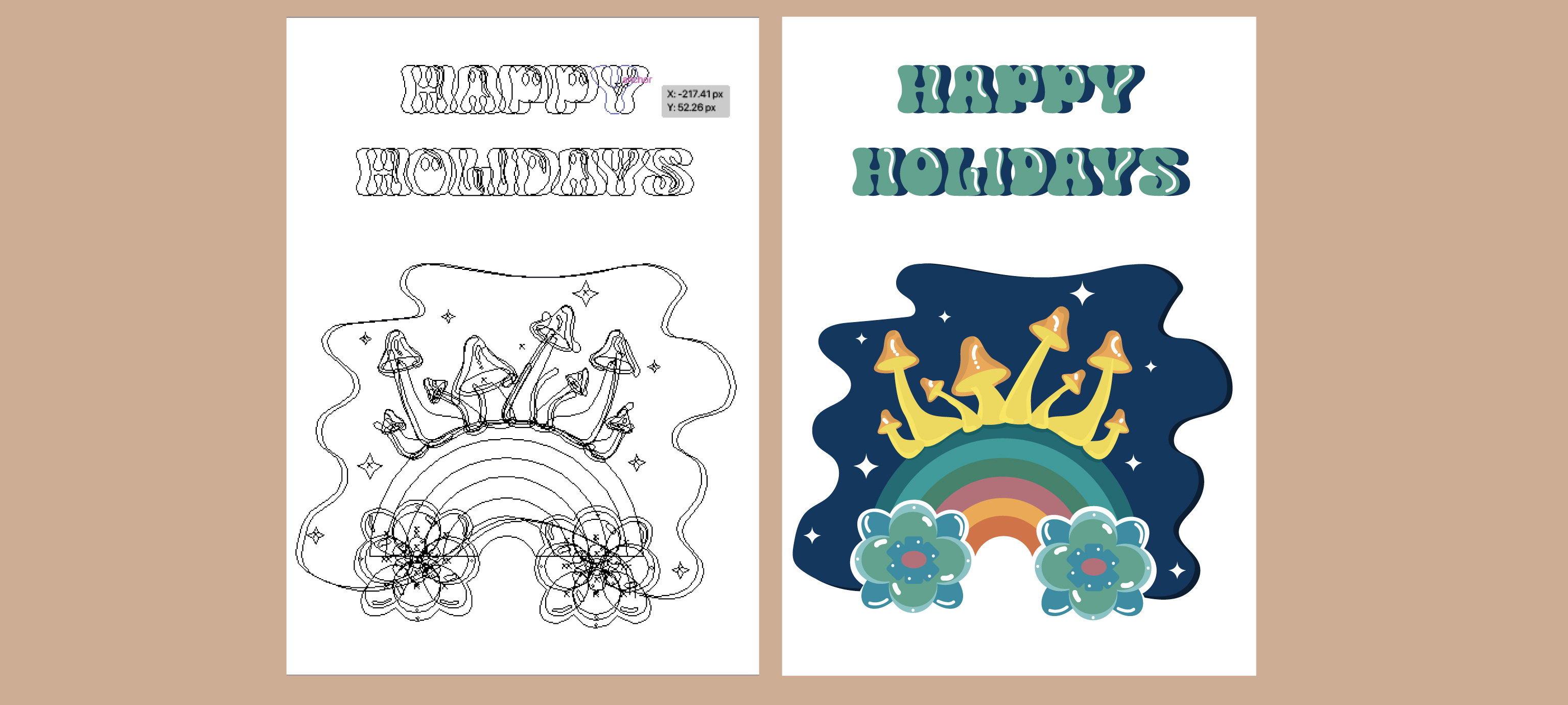 Rainbow with flowers and mushrooms  illustration for holiday card with the line work designed by Leilani Jordan