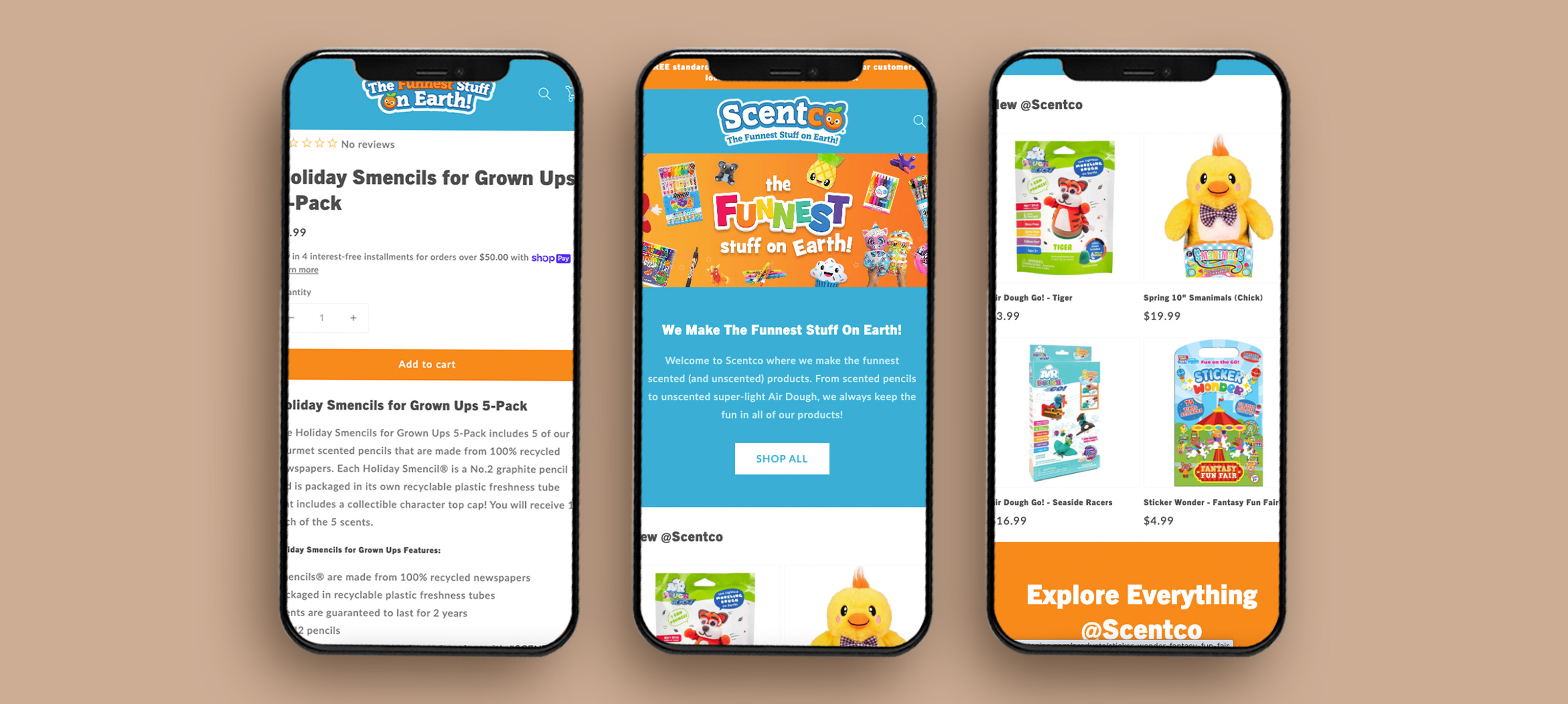 Three Scentco Inc responsive mobile versions of the website iphone mockups created by Leilani Jordan