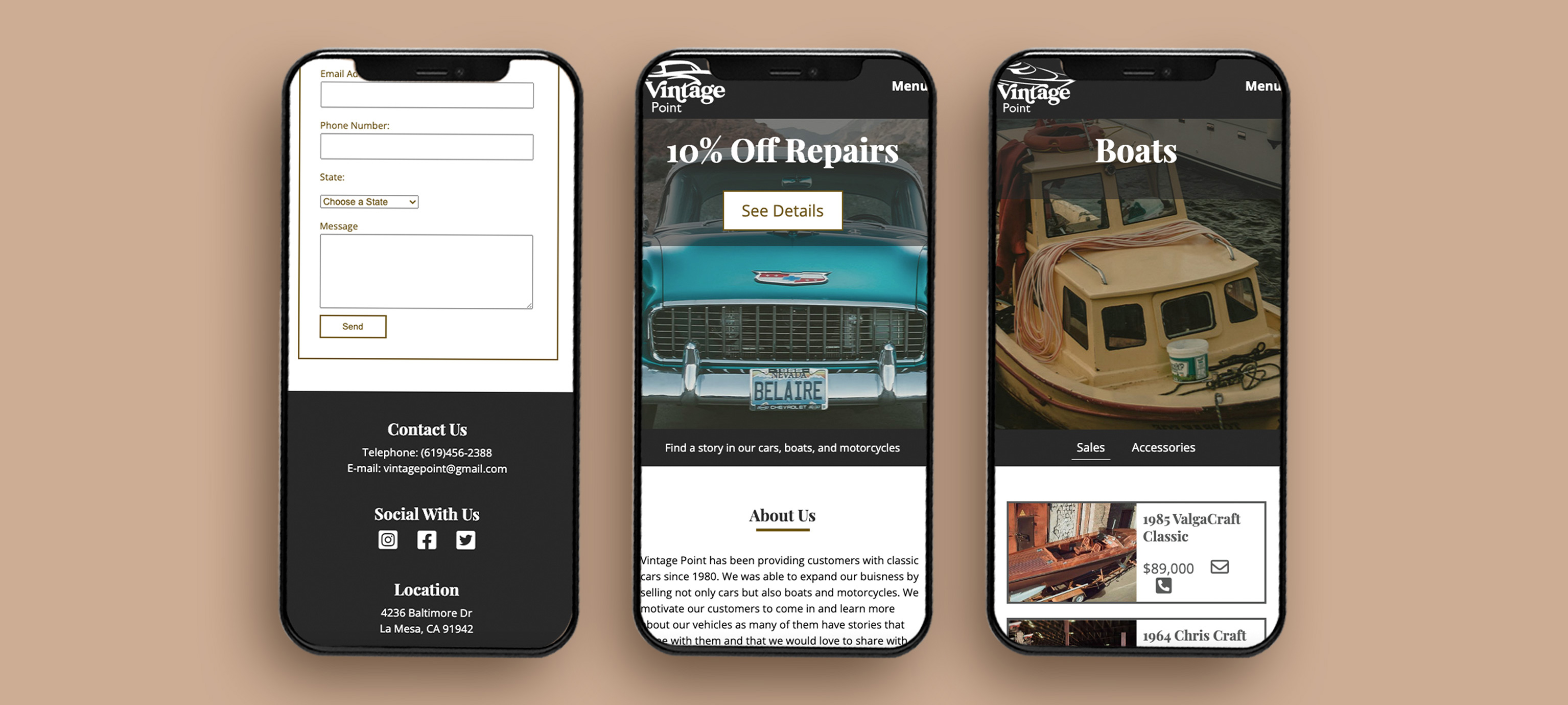 Three Vintage Point responsive mobile versions of the website iphone mockups created by Leilani Jordan