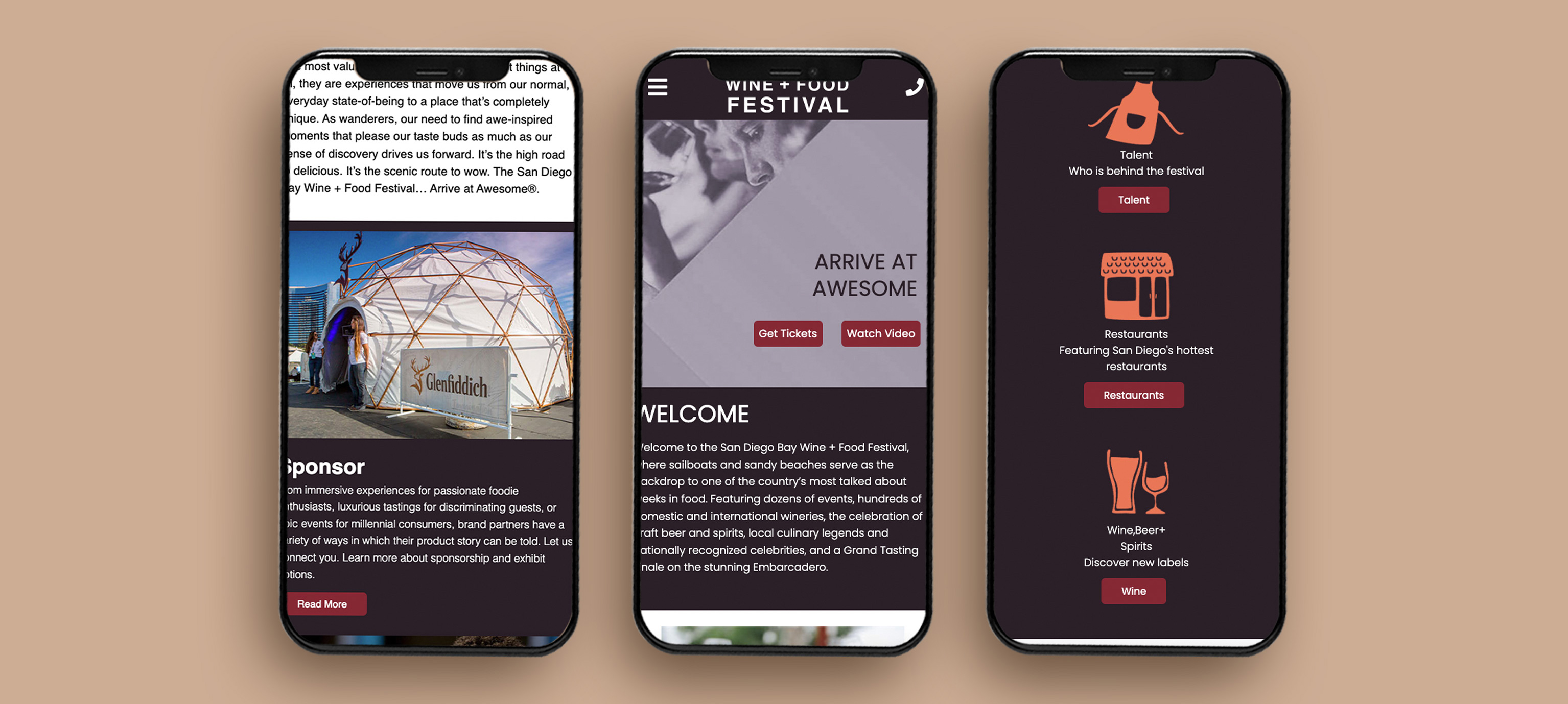 Three Wine + Food Festival responsive mobile versions of the website iphone mockups created by Leilani Jordan